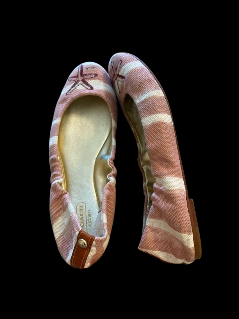 Coach Pink and White Striped Canvas Ballet Flats with Starfish Embroidery
